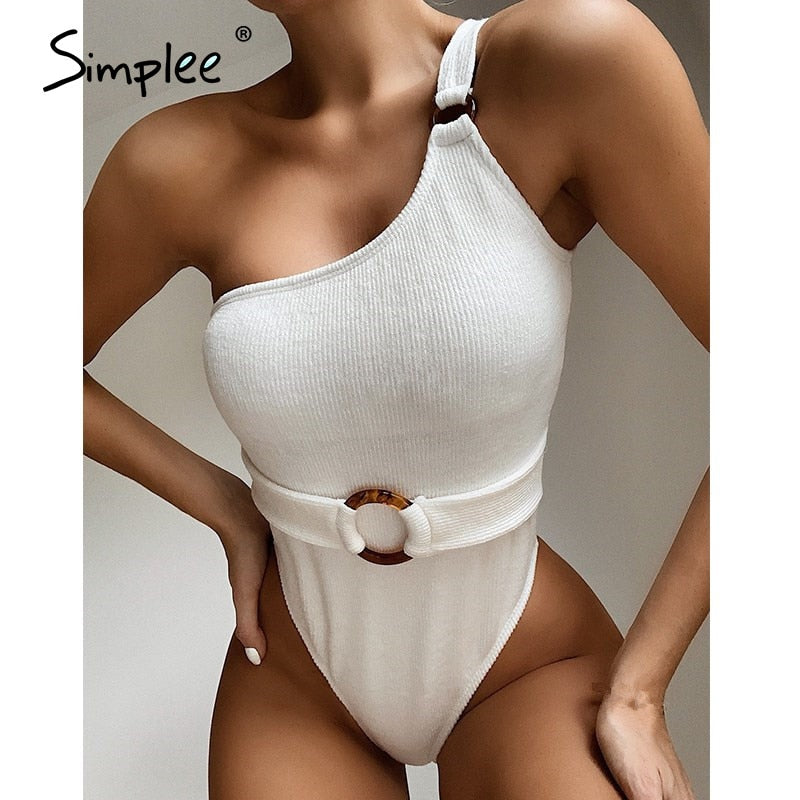 Simplee Vintage swimsuit women white one shoulder swimwear 2020 belt bathing suit new high cut bikini monokini bathers bodysuit