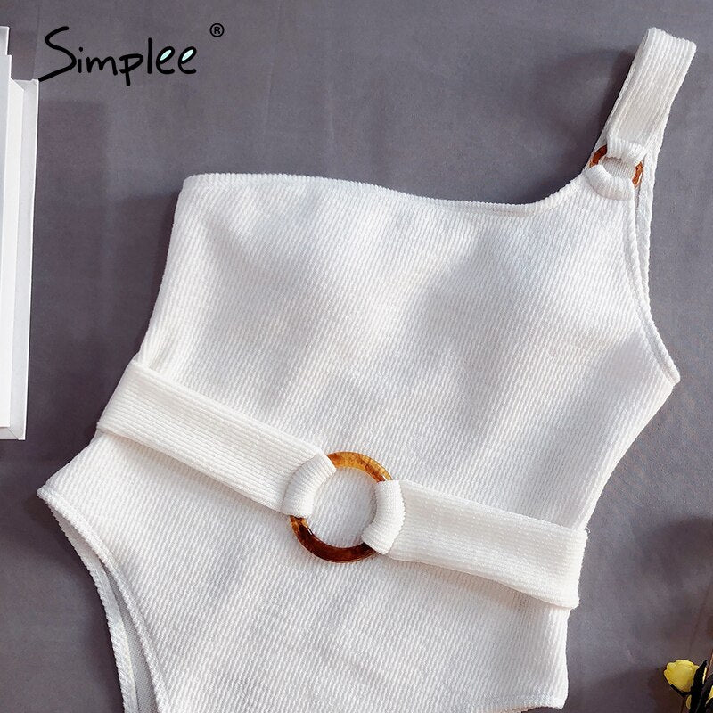 Simplee Vintage swimsuit women white one shoulder swimwear 2020 belt bathing suit new high cut bikini monokini bathers bodysuit