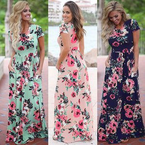 Womens Long Short Sleeve Bohemian Printed Maxi Long Dress-Dress-I35Store-