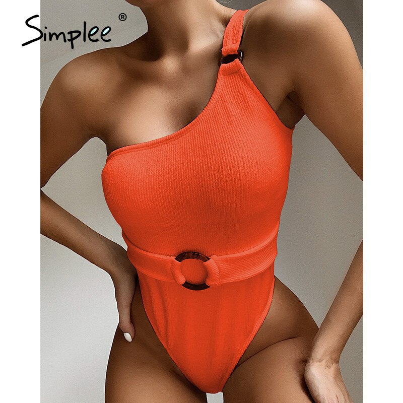 Simplee Vintage swimsuit women white one shoulder swimwear 2020 belt bathing suit new high cut bikini monokini bathers bodysuit