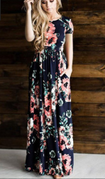 Womens Long Short Sleeve Bohemian Printed Maxi Long Dress-Dress-I35Store-