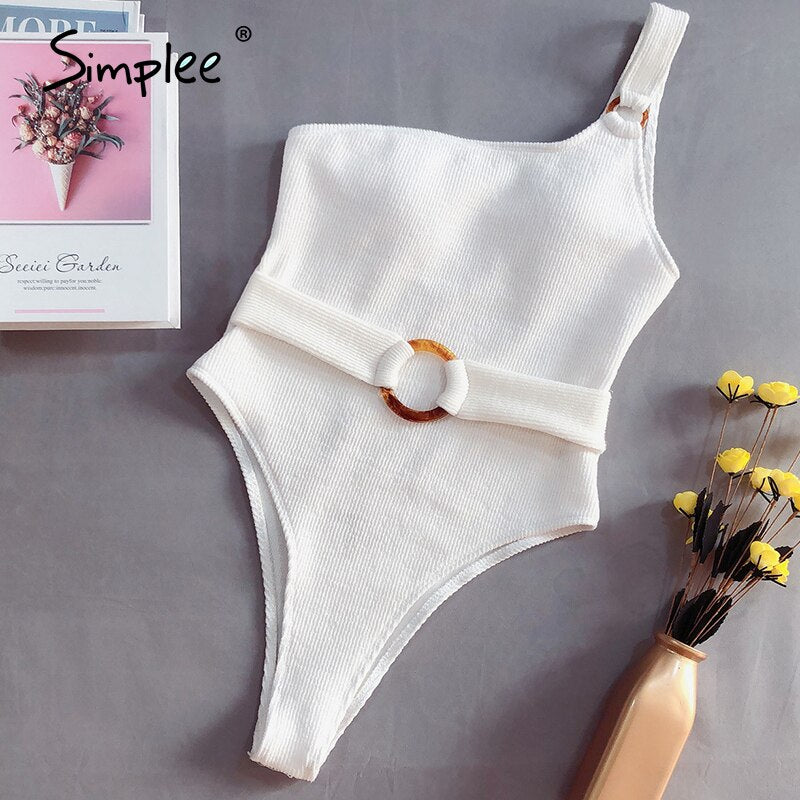 Simplee Vintage swimsuit women white one shoulder swimwear 2020 belt bathing suit new high cut bikini monokini bathers bodysuit