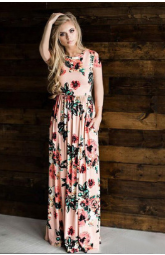 Womens Long Short Sleeve Bohemian Printed Maxi Long Dress-Dress-I35Store-