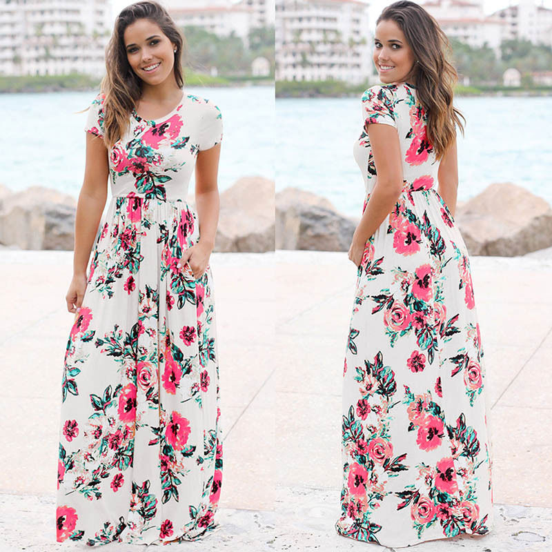 Womens Long Short Sleeve Bohemian Printed Maxi Long Dress-Dress-I35Store-