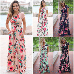 Womens Long Short Sleeve Bohemian Printed Maxi Long Dress-Dress-I35Store-